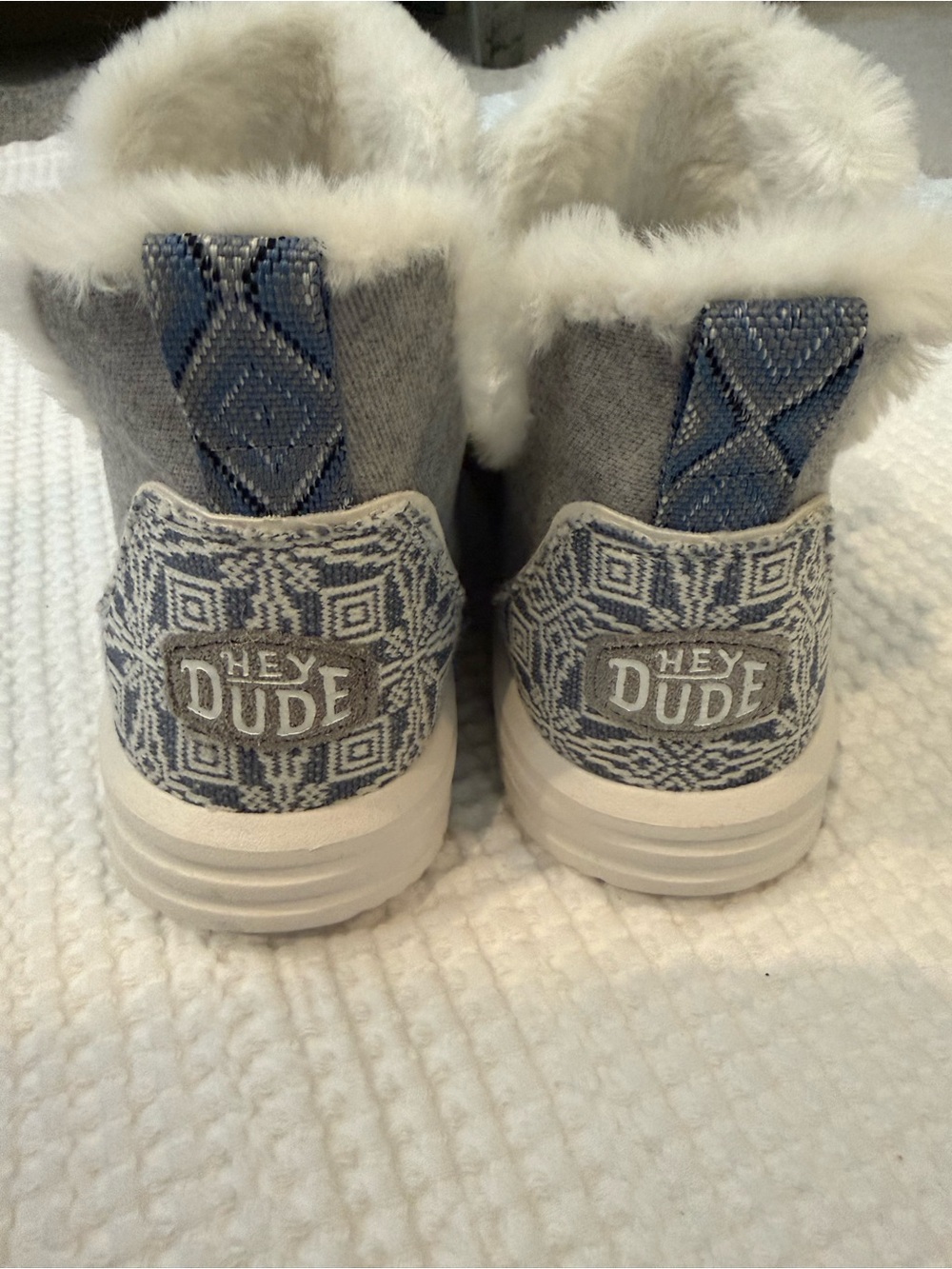 Hey Dude Gray and Blue Patterned Fleece-Lined Ankle Boots-women’s